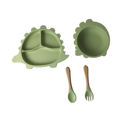 Le silicone de forme de dinosaure mangeant des ustensiles a placé des plats adaptés aux besoins du client pour l'alimentation de bébé
